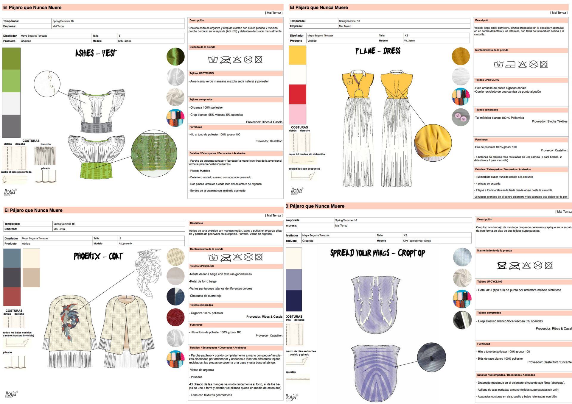 Technical sheets and construction notes for the collection