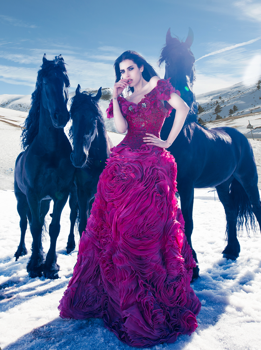 Bibian Blue editorial — gown with horses