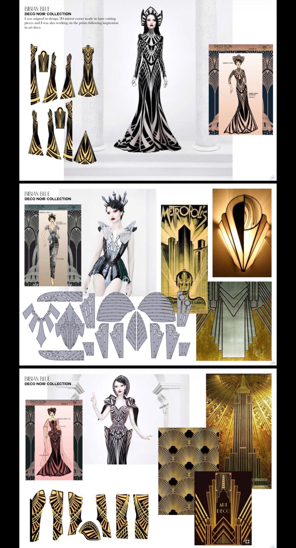 Deco Noir collection boards — laser-cut corset designs and art deco references