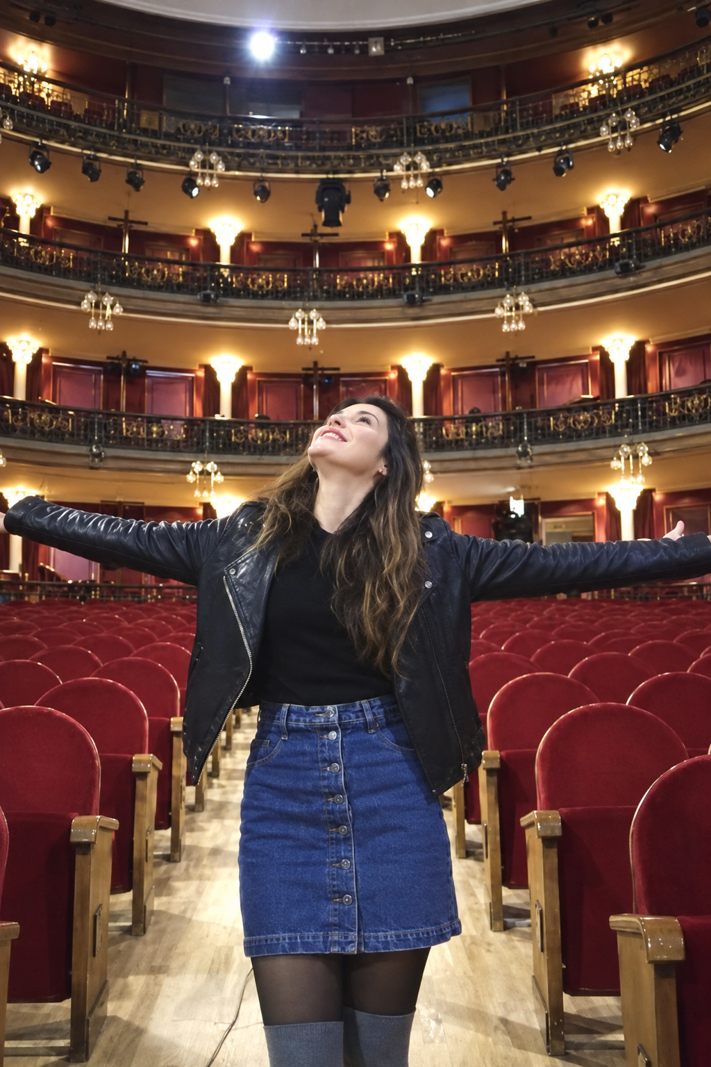 Maya standing with her arms open in a theatre auditorium with red seats behind her