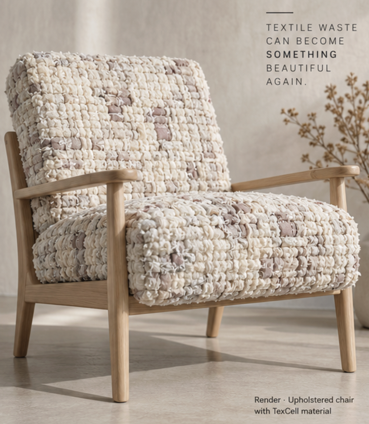 Render of an armchair upholstered with a TexCell-style surface, showing a potential application.