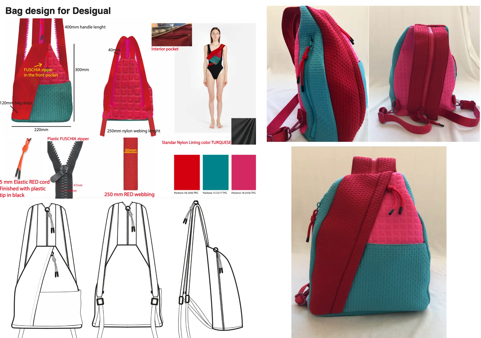 Desigual bag design board: specifications, Pantone colours, flat drawings and finished sample.