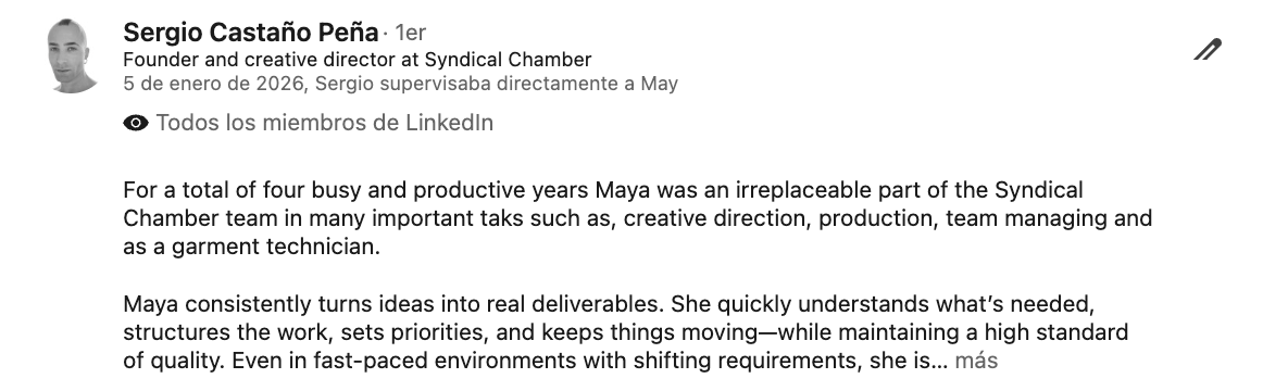 LinkedIn recommendation from Sergio Castaño Peña, founder of Syndical Chamber