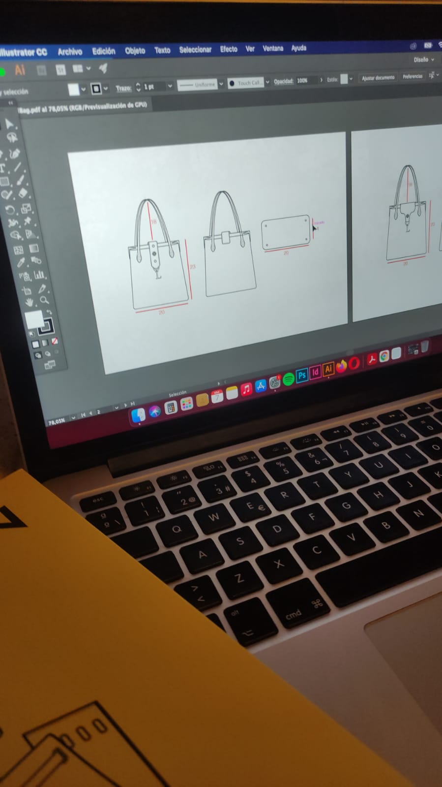 Handbag technical drawings in progress in Illustrator.