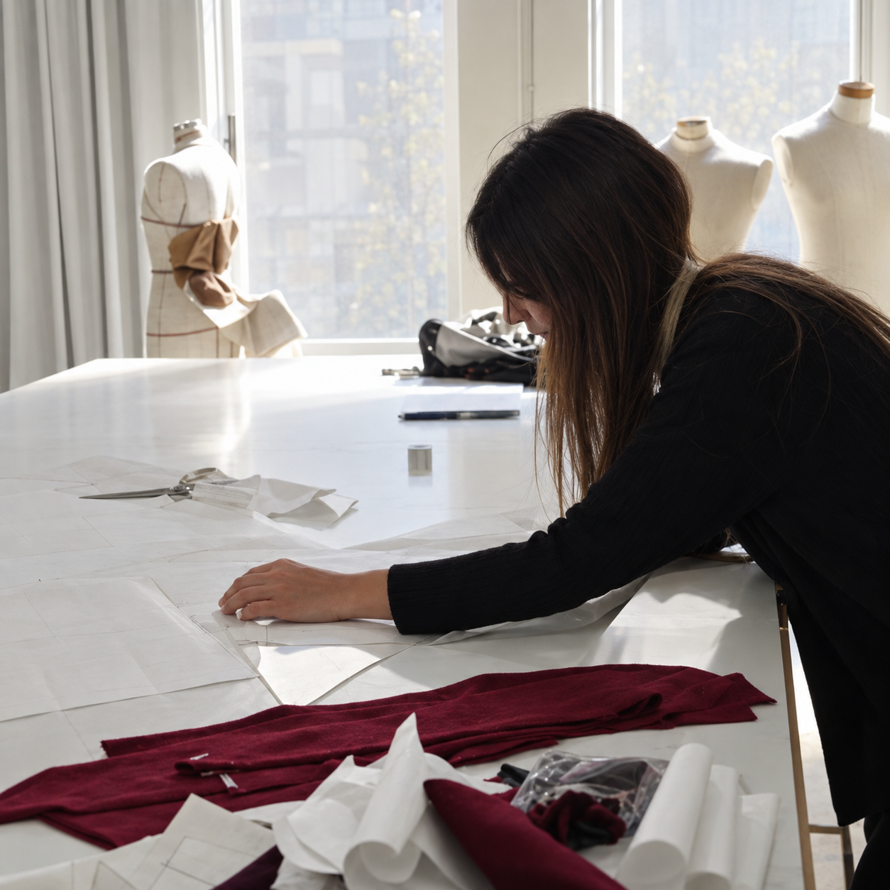 Maya Segarra Terrazas arranging pattern pieces on a studio table