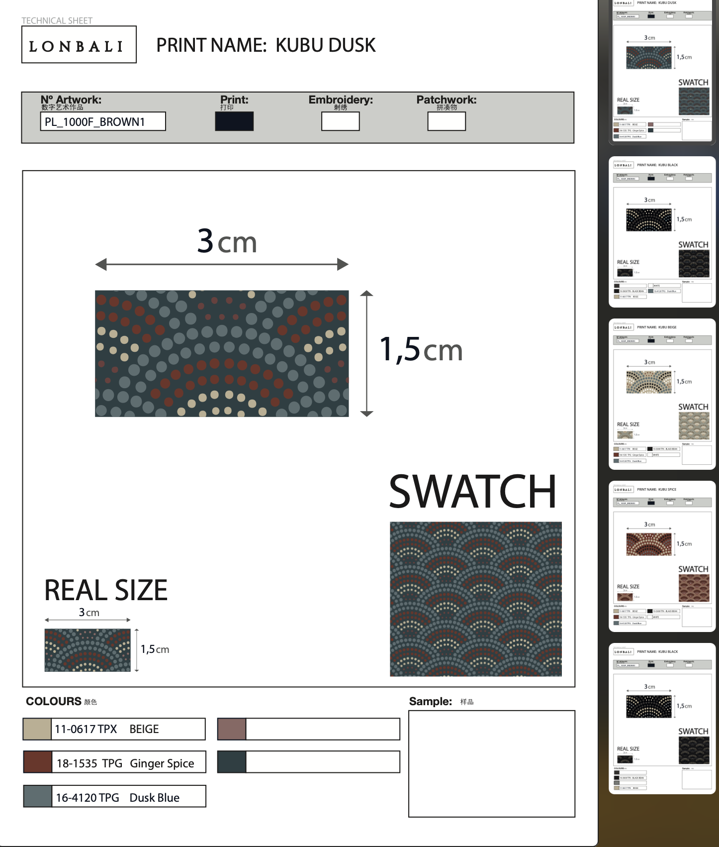 Lonbali technical sheet for the Kubu Dusk print with colourways and swatch.