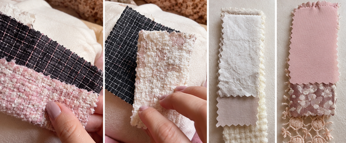 TexCell material samples held by hand alongside tweed and lace swatches.